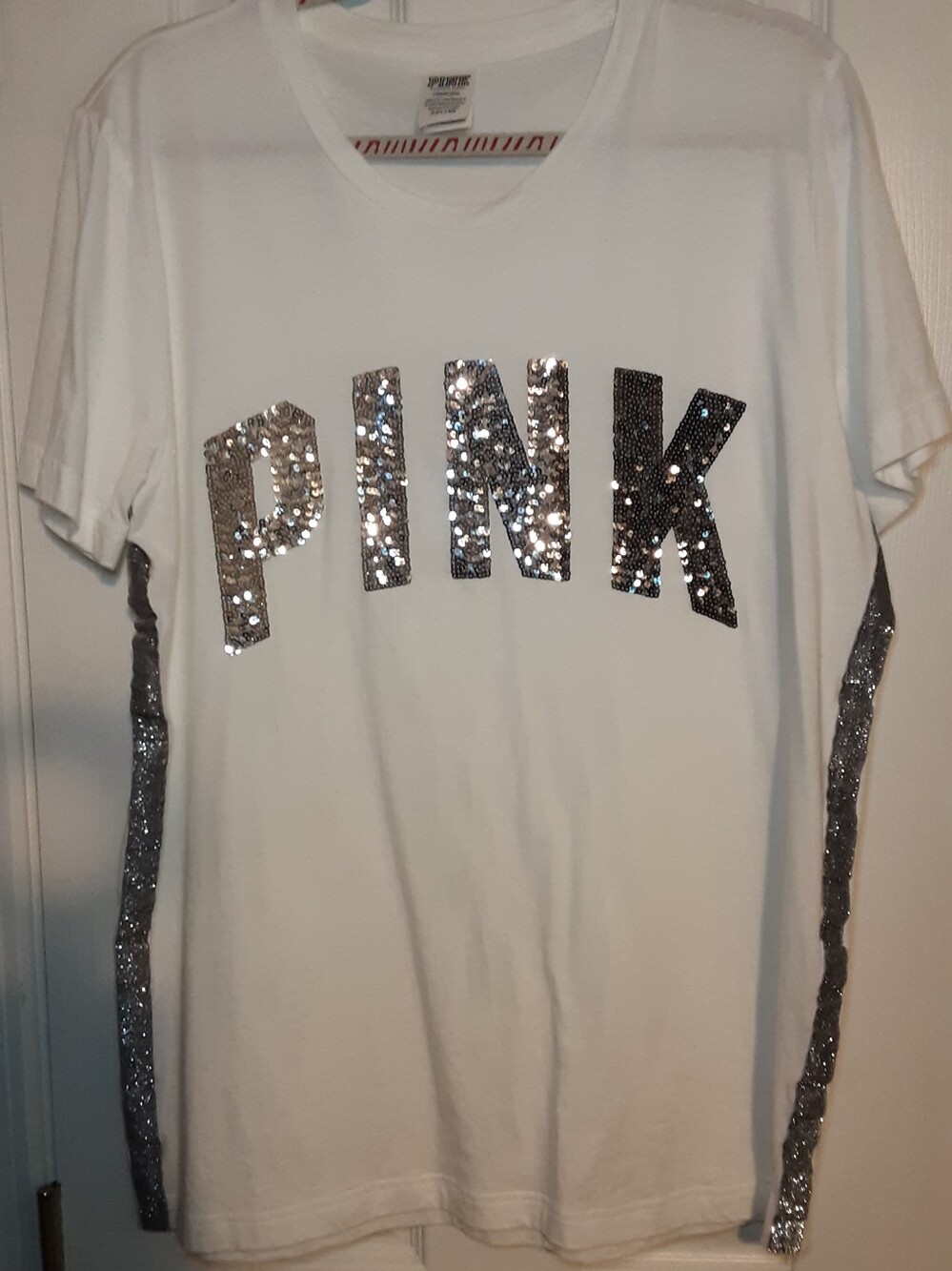 Woman's PINK Victoria's Secret White Tee with Silver Sequin PINK Logo